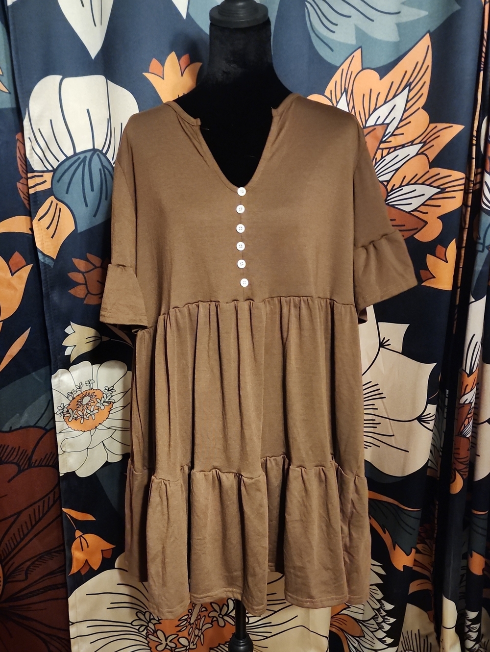 Relaxed Brown Tiered V-Neck Tunic with Button Placket